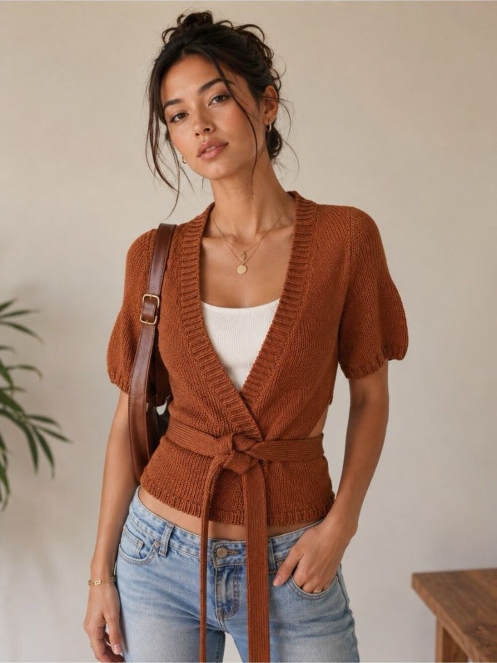 Vintage Theory Y2K Cardigan Sweater sz S Cotton Silk Brown Short Sleeve Fall